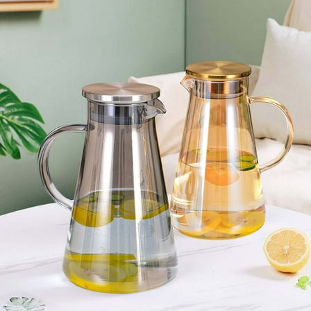 Glass Pitcher with Lid, 2 Liter Large Capacity Hot and Cold Pitcher with Handle and Spout, Easy Clean and Heat Resistance Borosilicate Glass Jug for Homemade Beverages, Milk, Ice Tea and Juice