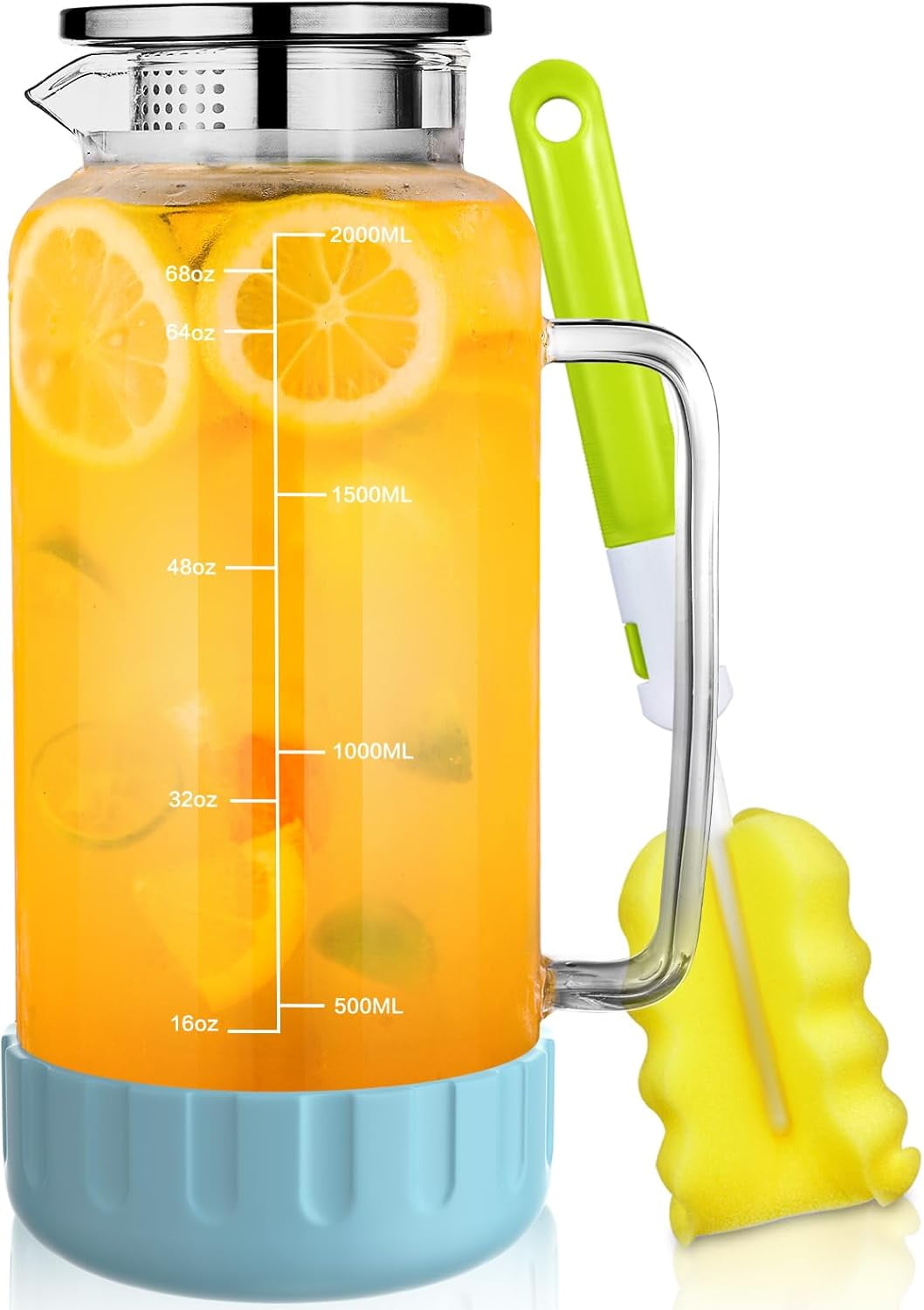 68oz Glass Pitcher with Lid, 2 Liter Water Carafe with Silicone Base and Precise Scale Line, Ice Tea Pitcher for Fridge, Anti-Slip Glass Jug for Sun Tea Juice Coffee Milk Beverage (Gray)