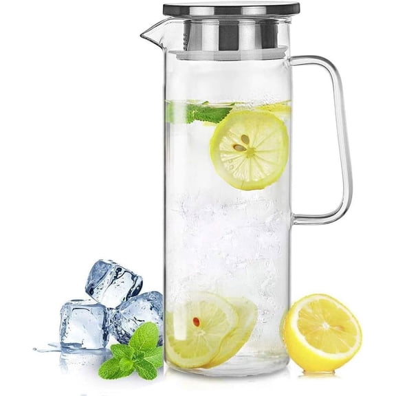 Glass Pitcher with Lid, 51Oz Heat Resistant Glass Water Carafe with Handle for Fridge, Pitcher for Iced Tea, Milk, Hot and Cold Beverage, Borosilicate Glass Juice Jug 1500ml