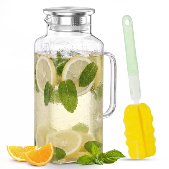 68 oz Glass Pitcher , 2 Liter Water Pitcher with Lid and Spout, Glass Carafe for Hot/Cold Water, Large Iced Tea Pitcher for Coffee, Juice and Homemade Beverage, Dishwasher Safe