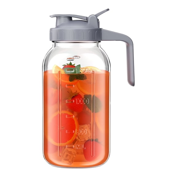Glass Pitcher with Lid, 64 oz Large Mason Jar Wide Mouth with Pour Spout Handle Lid for Cold Brew Coffee, Ice Beverage, Iced Juice, Lemonade, Sun Tea, Milk, Fruit Drinks Container