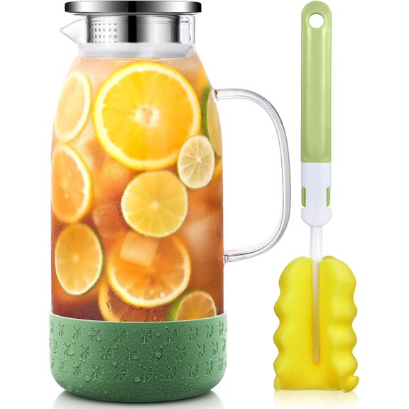 Glass Pitcher with Lid, 68oz/2 Liter Glass Water Pitcher with Handle and Lid, Anti-Slip Base Juice Jug for Ice Tea, Sun Tea, Sangria, Lemonade Fridge Pitchers for Drinks Green