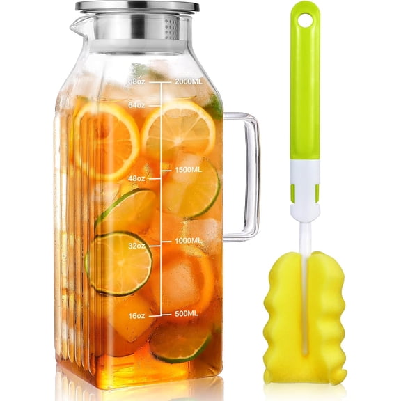 Glass Pitcher with Lid, 68oz Water Pitcher with Handle and Precise Scale Line, Stainless Steel Iced Tea Carafe, Heat Resistant Borosilicate Jug for Juice, Milk, Cold or Hot Beverages