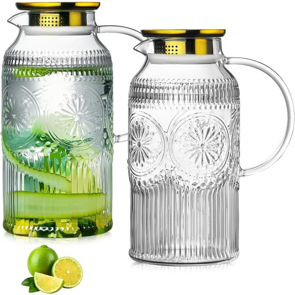 Glass Pitcher with Lid and Handle, 2 PACK 68 oz/2 Liter  Embossed Sun Flower Water Pitcher, Clear Borosilicate Glass Water Carafe for Cold Brew, Iced Sun ,Beverage, Heat Resistant