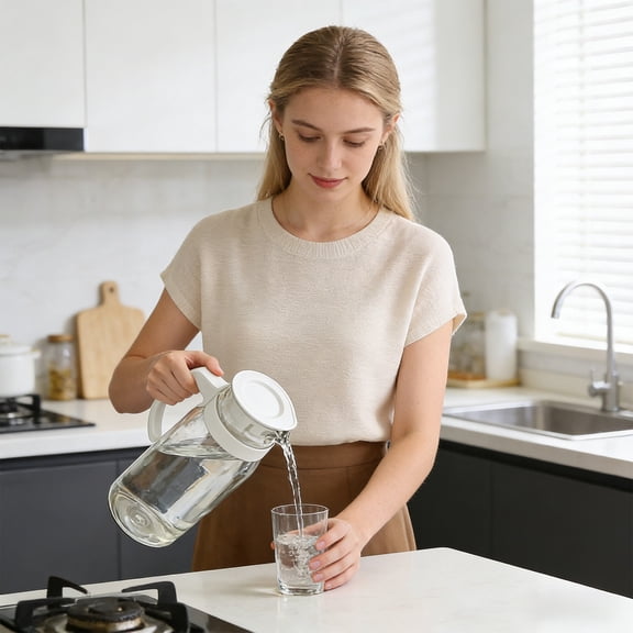 Glass Pitcher with Lid, Jug,Classic Vertical Water Water Pitcher Dispenser with Handle,Glass Water Carafe for Cold Brew, Coffee, Lemonade, Iced Sun Tea,Beverage,Heat Resistant