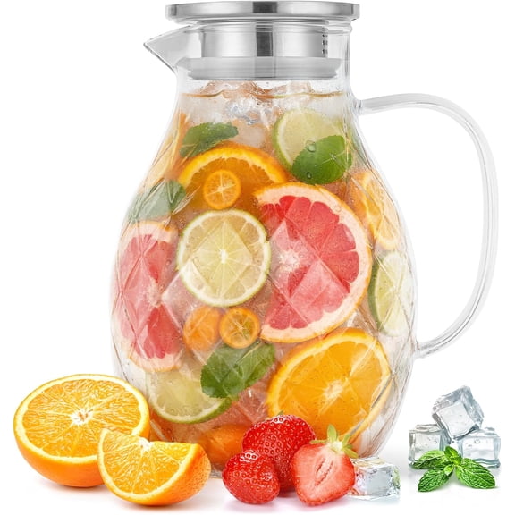 Glass Pitcher with Lid and Spout - 2 Liter / 68 oz, Borosilicate w/Handle Carafe for Hot/Cold Beverages Water Jug Iced Tea Juice Server by PJC-Kitchen
