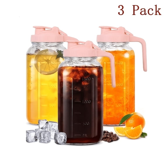 Glass Pitcher Set with Handle and Lid, 64 oz Mason Jar Water Jug for Fridge, 3 Pack