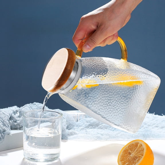 Glass Pitcher Water Carafe 47.3 fl oz Borosilicate Hammered Clear Bamboo Lid Model A, Fridge Table Drink Server