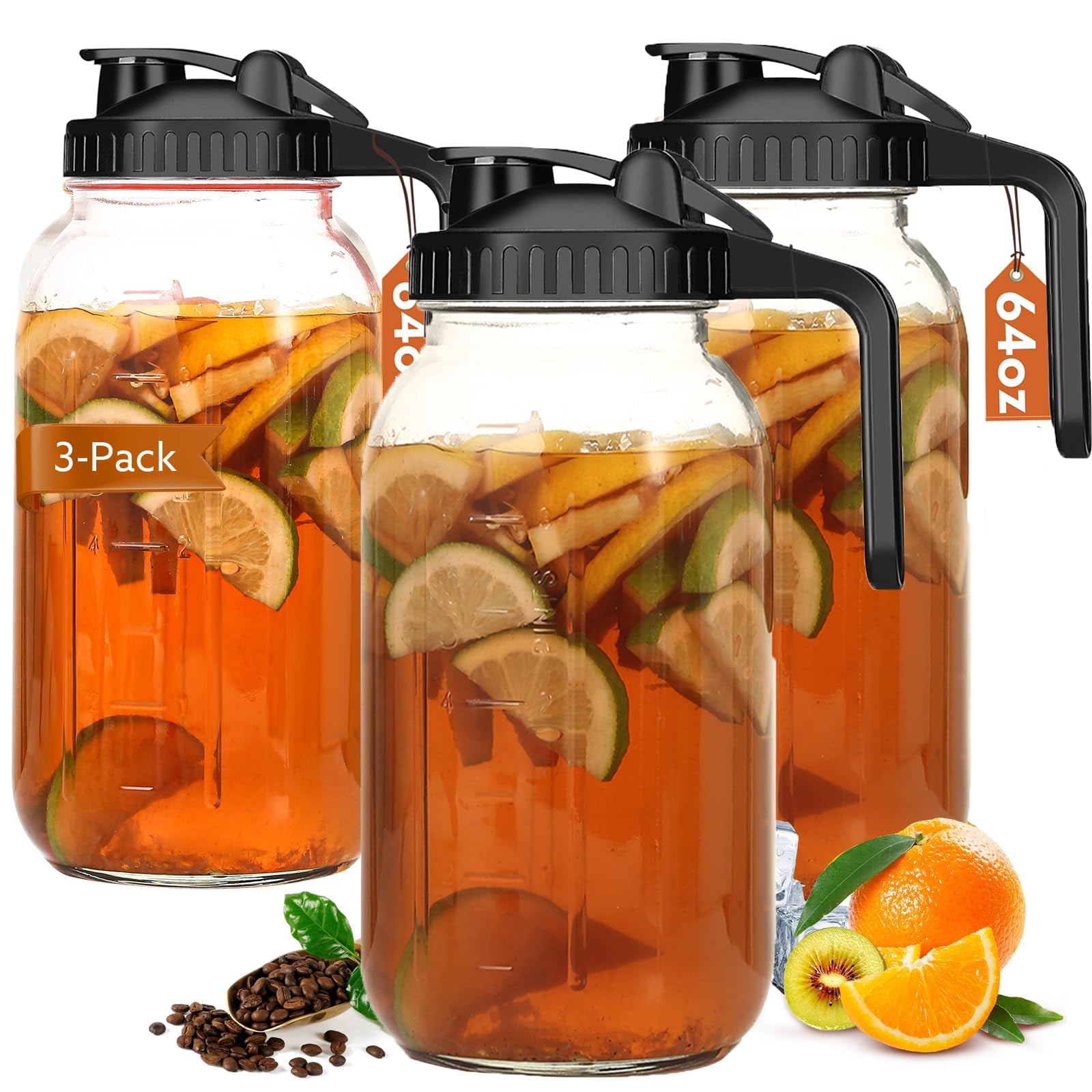 Glass Pitcher With Lid  64 Oz Mason Jar Double Leak Proof 2 Quart Breast Milk Storage Containers For Fridge Wide Mouth Sun Tea Juice Cold Brew Coffee