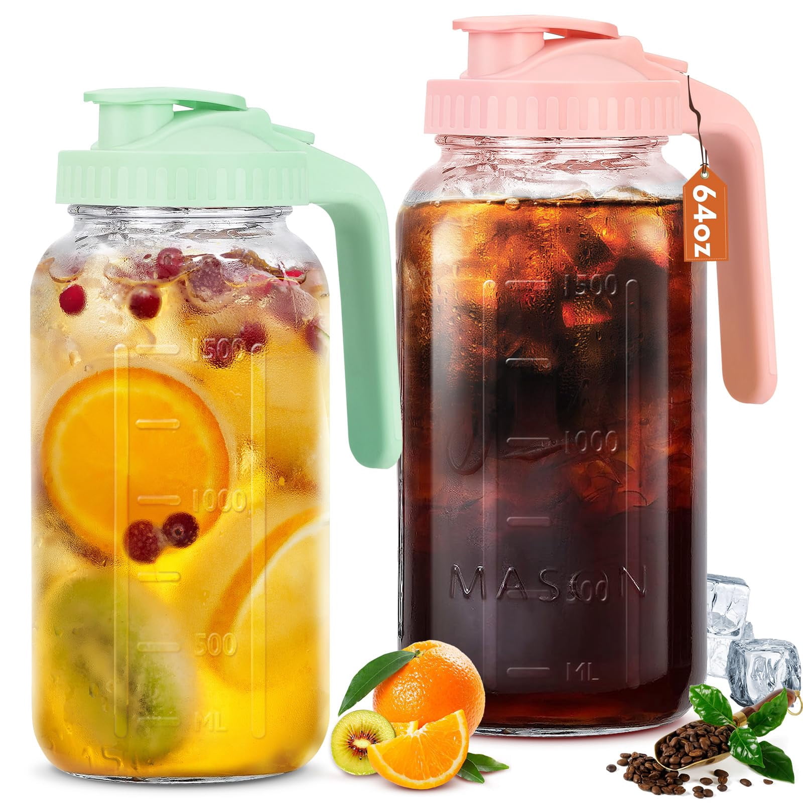 Glass Pitcher With Lid  64 Oz Mason Jar Double Leak Proof 2 Quart Breast Milk Storage Containers For Fridge Wide Mouth Sun Tea Juice Cold Brew Coffee
