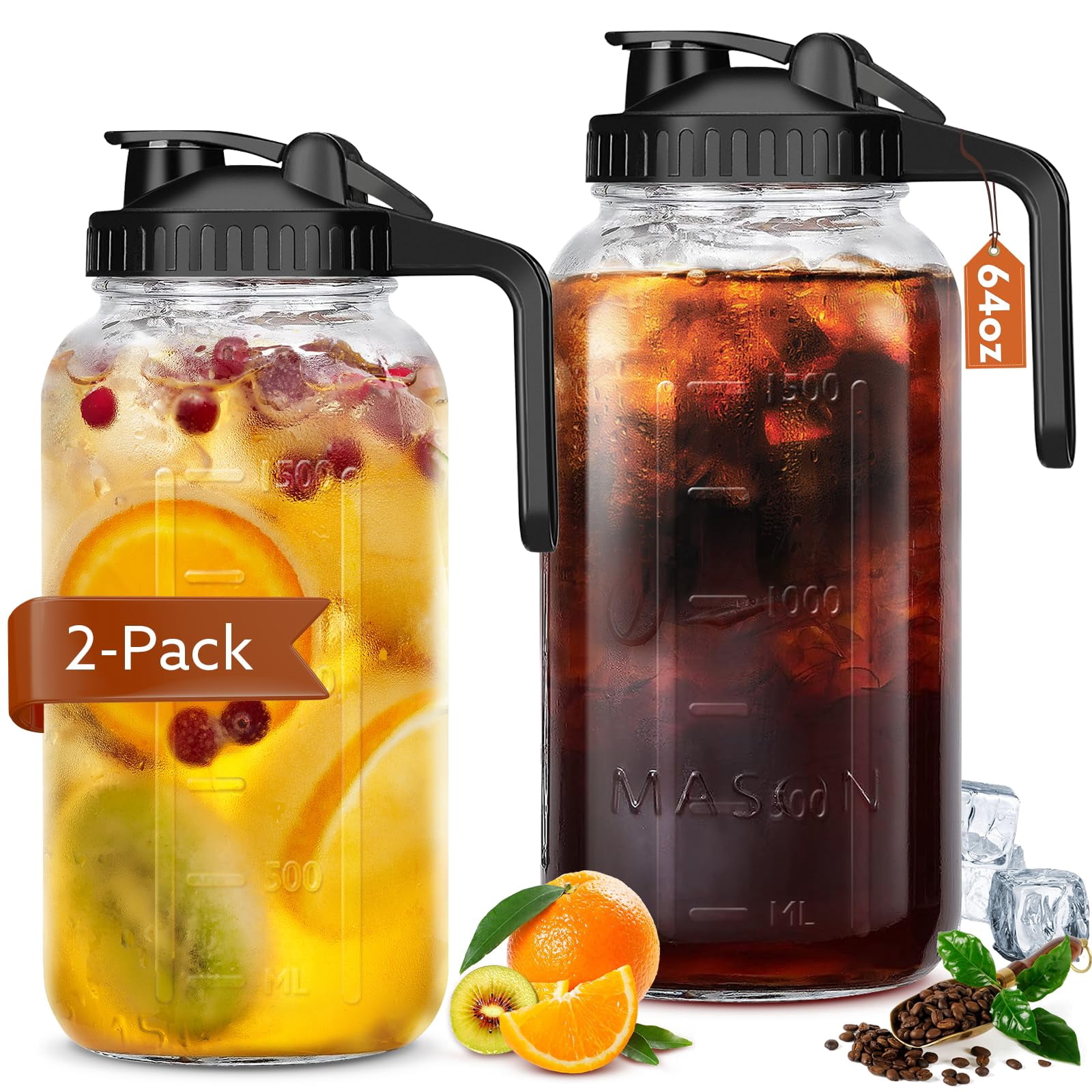 Glass Pitcher With Lid  64 Oz Mason Jar Double Leak Proof 2 Quart Breast Milk Storage Containers For Fridge Wide Mouth Sun Tea Juice Cold Brew Coffee
