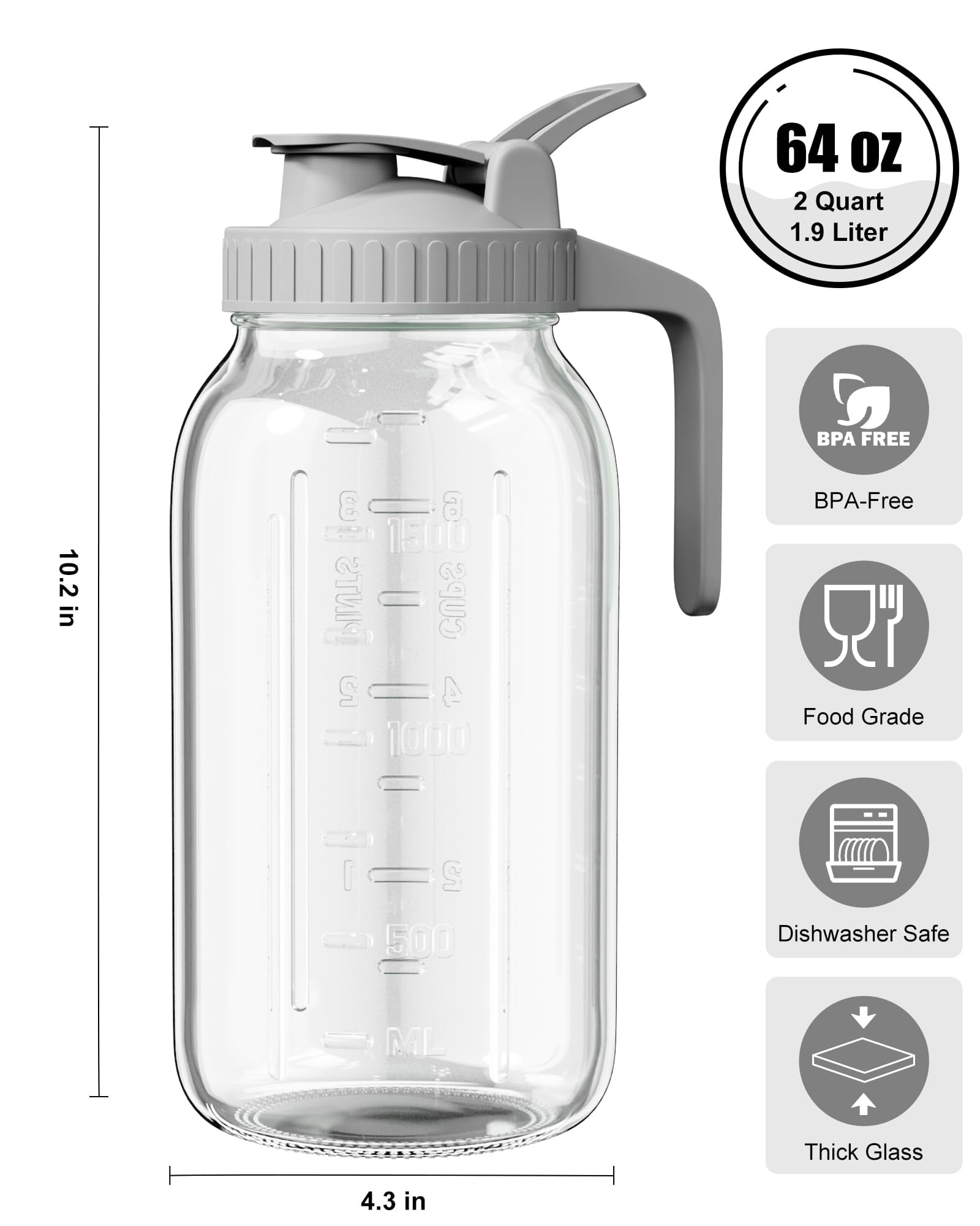 Glass Pitcher With Lid - 64oz Mason Jar Wide Mouth  Airtight Seal Leak-proof Spout Design Ideal For Iced Tea Sun Cold Beverages And Home Entertaining