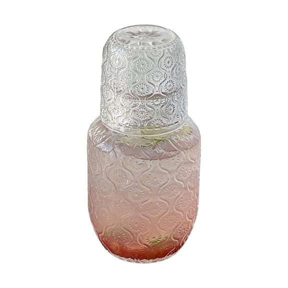 Glass Pitcher with Cup Lid, 540ml Embossed Pattern Bedside Water Carafe, Lead-Free Glass 2-in-1 Set