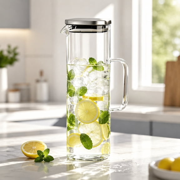 Glass Pitcher with Lid,Handmade Water Jug,Heat Resistant Glass Water Carafe with Handle for Fridge, Pitcher for Iced Tea, Milk, Hot and Cold Beverage