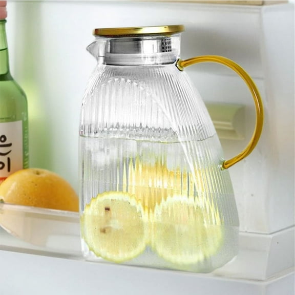 Glass Pitcher with Stainless Steel Gold Lid - 1.5L Ideal Fridge Door Water Pitcher for Hot or Cold Beverage, Iced Tea, Juice, Milk, Coffee, Lemonade