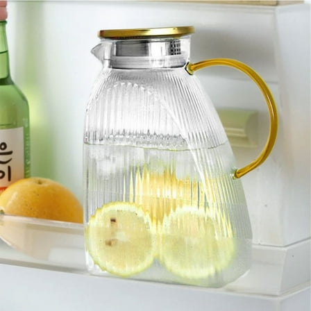 Glass Pitcher with Stainless Steel Gold Lid - 1.8L Ideal Fridge Door Water Pitcher for Hot or Cold Beverage, Iced Tea, Juice, Milk, Coffee, Lemonade