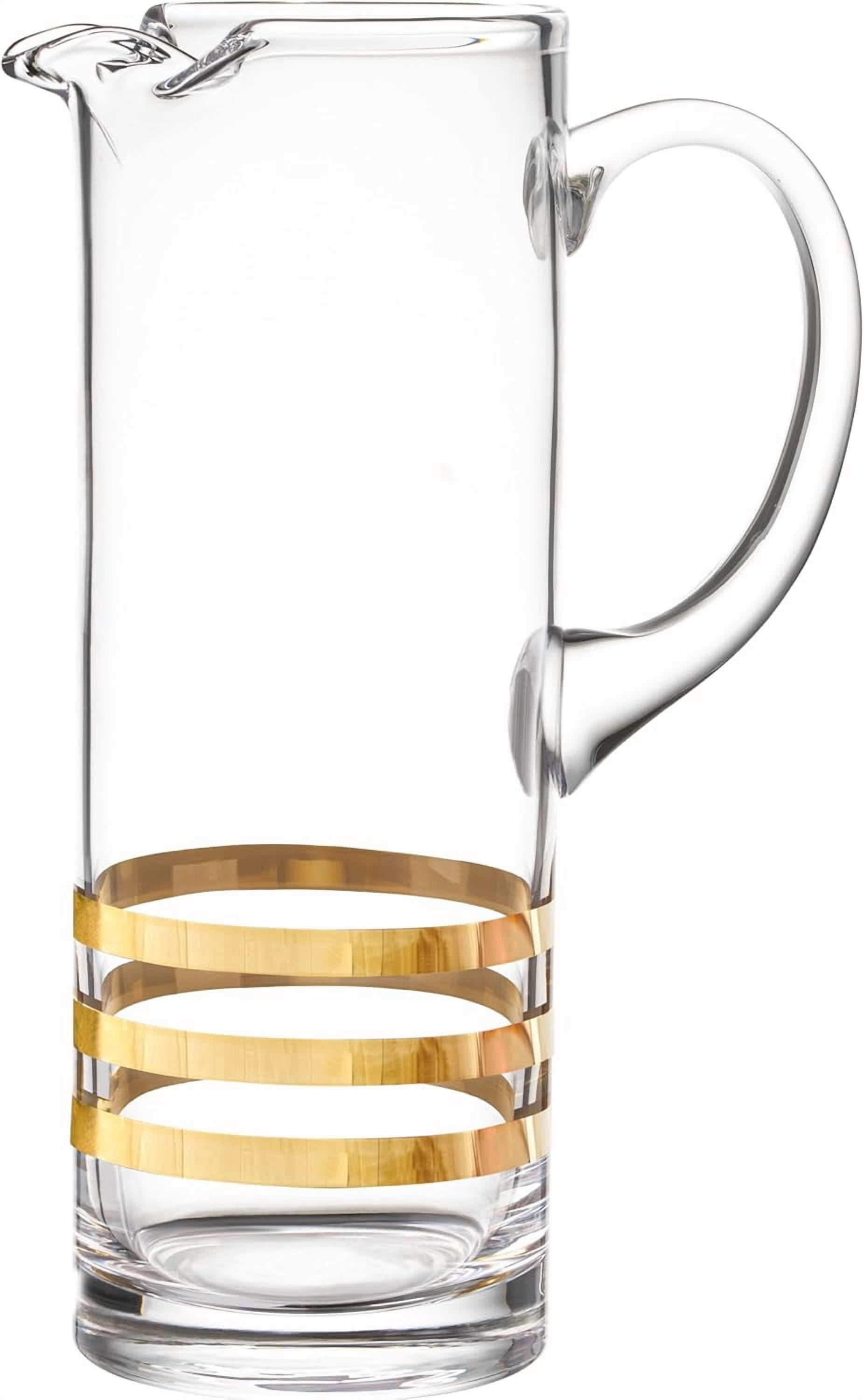 Barski Glass Pitcher with Handle, Straight Sided, Handmade, Ice Lip Spout, 50 oz, Gold Horizontal Lines, Made in Europe
