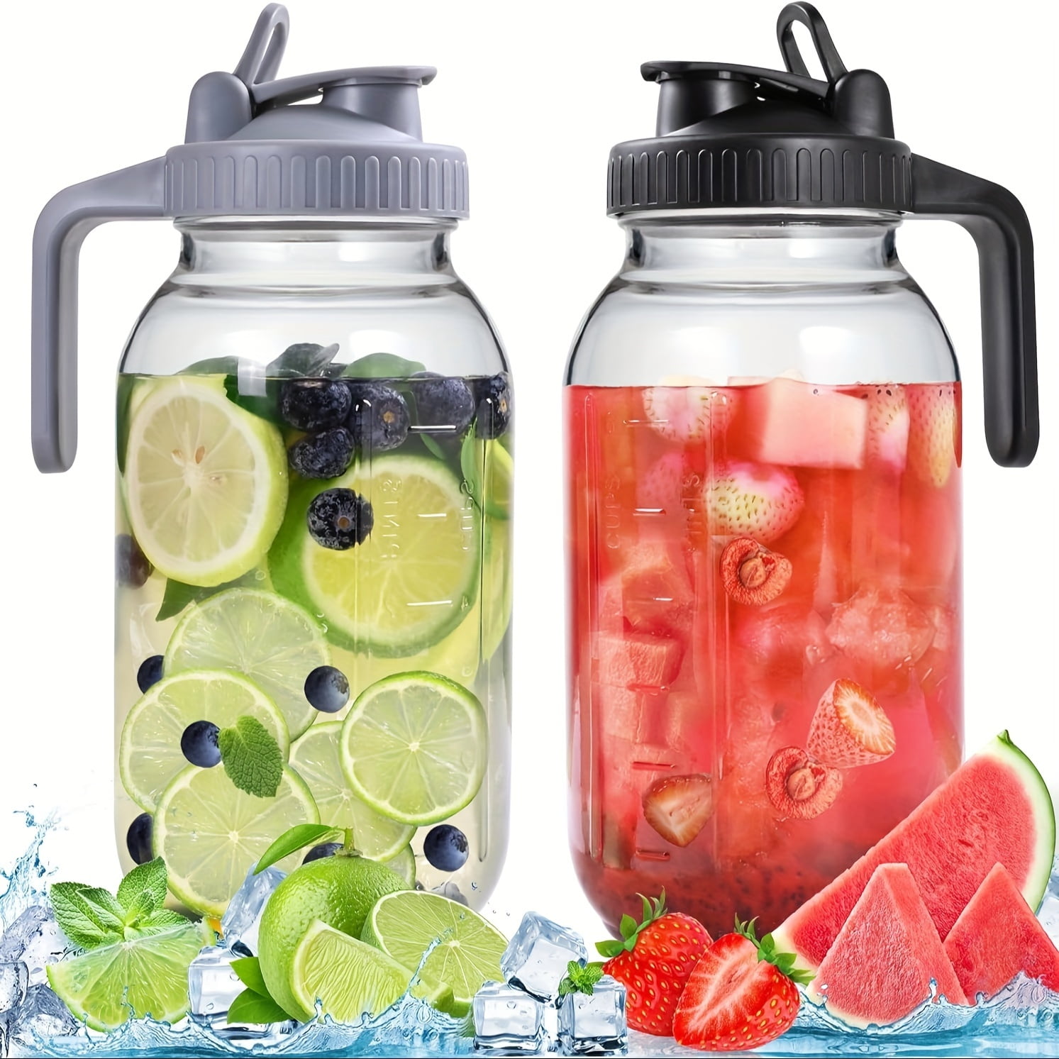 Glass Pitchers with Lid, Set of 2, 64OZ LeakProof Airtight Mason Jars, Wide Mouth Water Jugs