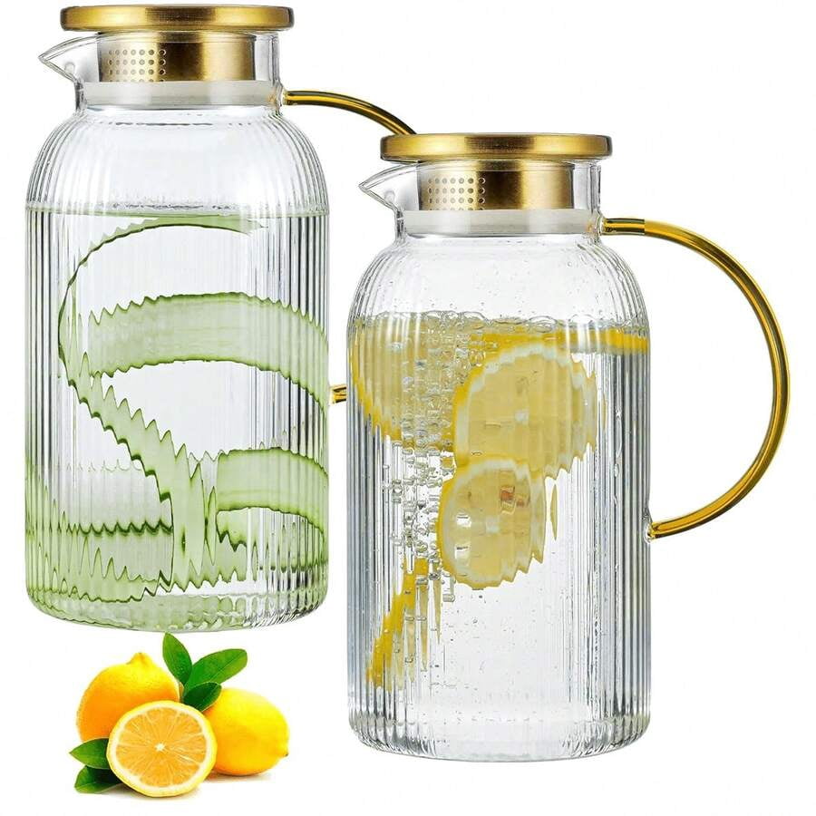 Glass Pitchers with Lids Set of 2, 68oz Large Water Carafe with Handle, Heat Resistant Borosilicate Glass Jug for Iced Tea, Lemonade, Juice, and Cold Brew Coffee