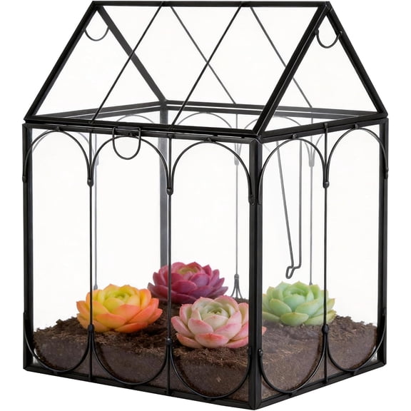 Glass Plant Terrarium Container with Lid, House Shape Geometric Terrarium, Succulent Box, Home Indoor Tabletop Decor for Cacti Air Plants Flower, 7.13 x 4.8 5.95 in