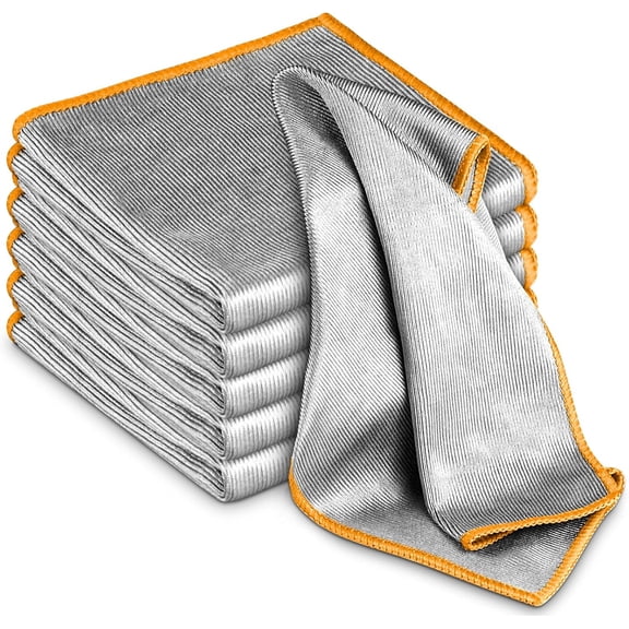 Glass Polishing Cloth Streak Free Miracle Microfiber Cleaning Cloth Lint Free Cleaning Rags for Glasses Kitchen Dish Mirrors Easy Clean, Pack of 6, 12" x 12", Sliver-Orange