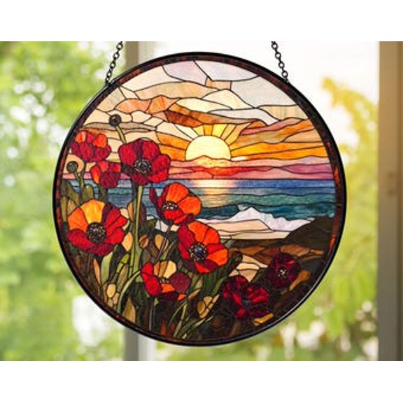 Glass Poppy Flower Suncatcher | Handmade Sunset Ocean Window Hanging | Colorful Floral Beach House Home Décor Gift, 3.5 in