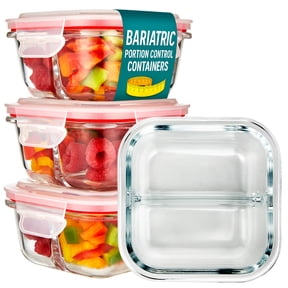 Glass Portion Control Bariatric Containers (3 Pack), 1 Cup Food Containers with Two 4 oz Compartments, 4oz Food Storage Containers for meal prep, Microwave Safe Glass Portion Containers with Lids