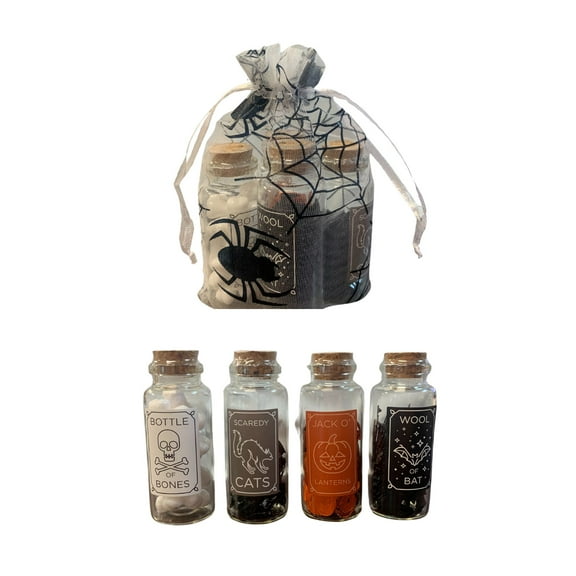 Glass Potion Bottles with Mini Cork Stoppers Full of Party Embellishments in Spiderweb Gift Bag By Clear Above