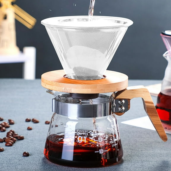 Glass Pour Over Coffee Maker, Reusable Hand Drip Coffee Filter with Removable Wooden Base, Portable Single-Serve Coffee Mug for Home, Office, Travel, 1-Piece