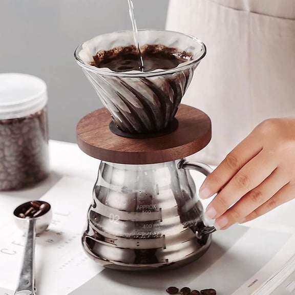 Glass Pour Over Coffee Maker Drip Filter Pot with Wooden Base for Home or Office Brewing