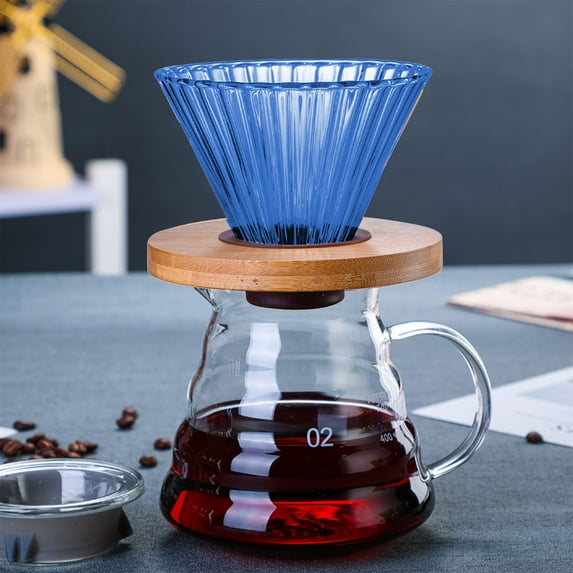 Glass Pour Over Coffee Maker with Reusable Filter and Wooden Base for Hand Brewing
