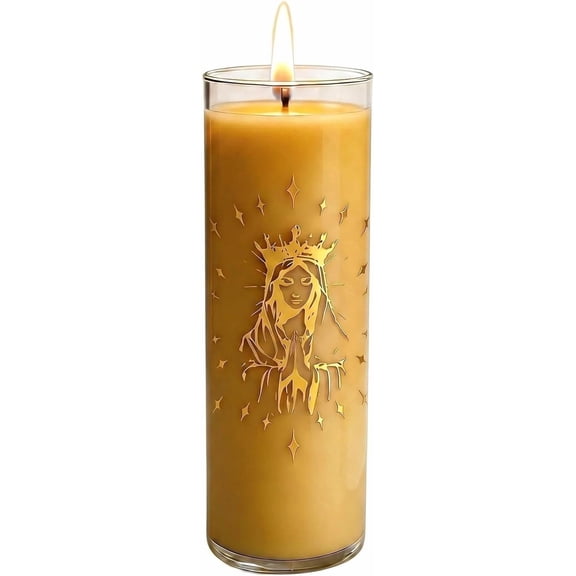Glass Prayer Candle with Our Lady of Guadalupe Print, 80 Hour Burn Time Religious Devotional Candle for Home Altar, Gold Virgin Mary Design, 1.8 x 6Inch