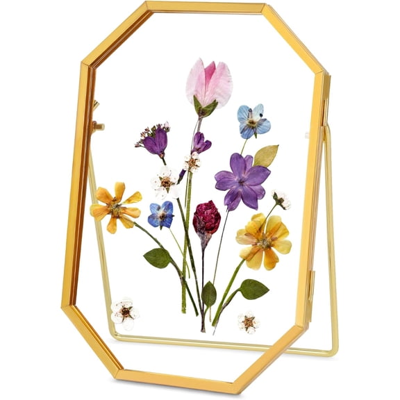Glass Pressed Flower Frame Handmade, Octagon, 4x6 inches, Gold,Photo Display,tabletop hanging,Gift Ideas,Home Decor