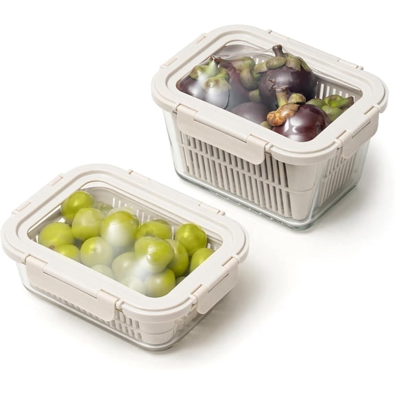 Glass Produce Storage Containers for Fridge, 2-Pack  Airtight Fruit & Vegetable Containers with Removable Colanders, Flexible Silicone Lids,LeakProof, BPA-Free Borosilicate Glass