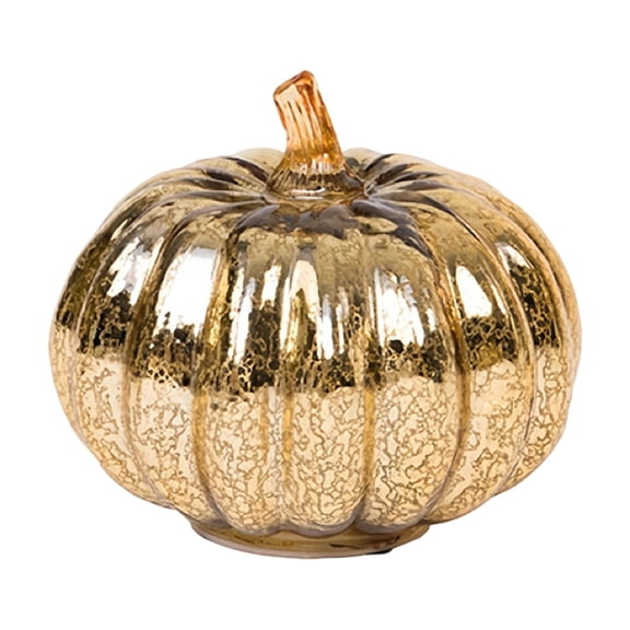 Glass Pumpkin Decoration, Golden Round Glass Pumpkin Tabletop Ornament, Fall Harvest Decorative Pumpkin for Halloween Thanksgiving Mantel Home Display, A
