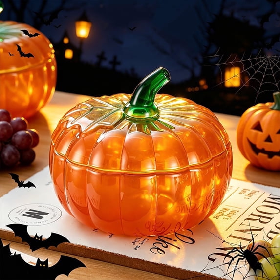 Glass Pumpkin Jar with Cover, Snack Sugar Cookie Bowl, Functional for Nut and Cookie Storage, Autumn Jar, Makes a Great Halloween Thanksgiving Piece, Easy to Clean 20.3oz
