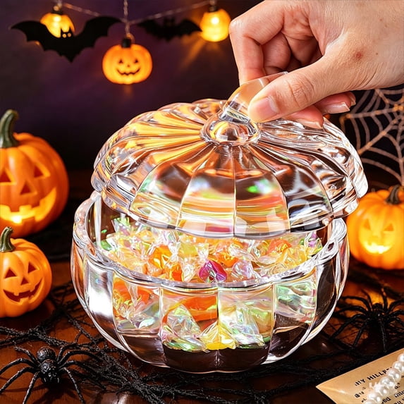 Glass Pumpkin Jar with Cover, Snack Sugar Cookie Bowl, Functional for Nut and Cookie Storage, Autumn Jar, Makes a Great Halloween Thanksgiving Piece, Easy to Clean 20.3oz