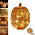 thumbnail image 1 of Glass Pumpkin Lantern with LED Lights and Timer, 6.5 x 5.6 in Fall Decor, Battery Operated Halloween Pumpkin Night Light, Safe Flameless Tabletop Decoration for Thanksgiving and Christmas(Gold B), 1 of 4