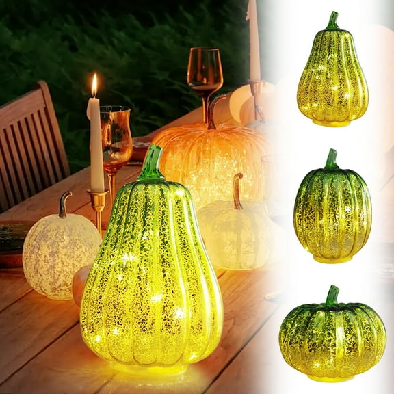 Glass Pumpkin Light Set | Sparkling Decorative Glass Pumpkins | Battery Powered LED Tabletop Centerpiece | Fall Harvest Autumn Thanksgiving Home Décor | Assorted Sizes | 1 Piece Included