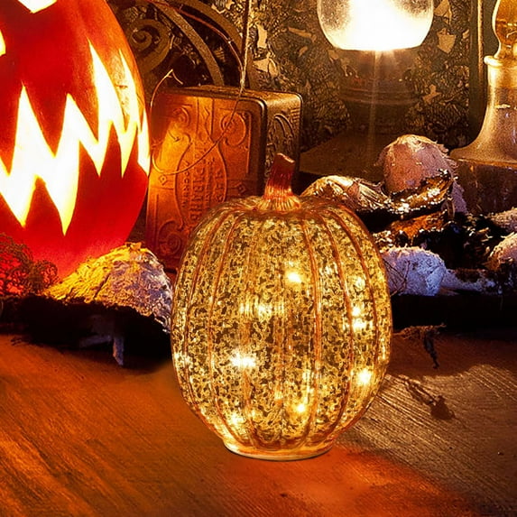 Glass Pumpkin Lights with Timer Fall Decor Pumpkins Decoration LED Lighted Collectible Thanksgiving Autumn Harvest Figurine Fall Halloween Decorations for Home Tables Centerpieces Decorative