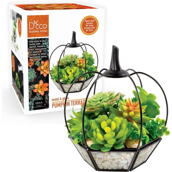 Pumpkin Glass Terrarium (7x7x8)- Rustic Tabletop Decor - Artificial Pumpkin for Home, Kitchen, Office Decorations- Plant Garden Display- Black Trim Planter, Great Gift