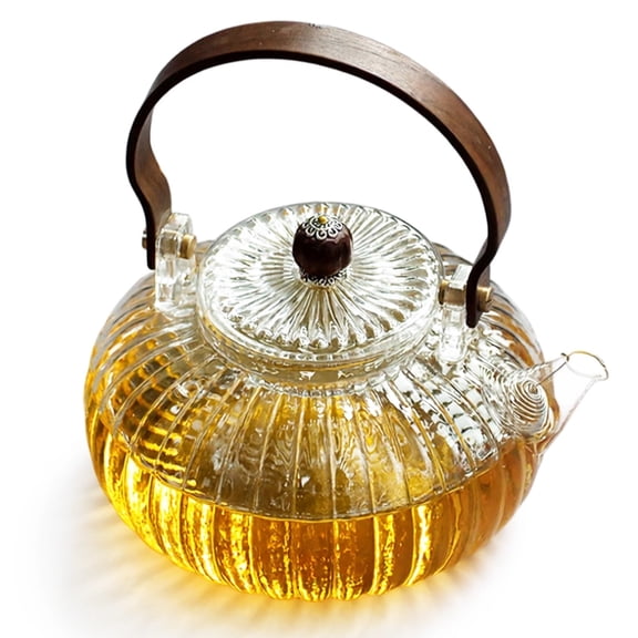 Glass Pumpkin Teapot, 30oz Borosilicate Glass Tea Kettle with Handle, Stovetop Safe Tea Maker, Transparent Tea Pot for Loose Leaf Tea, Blooming Tea