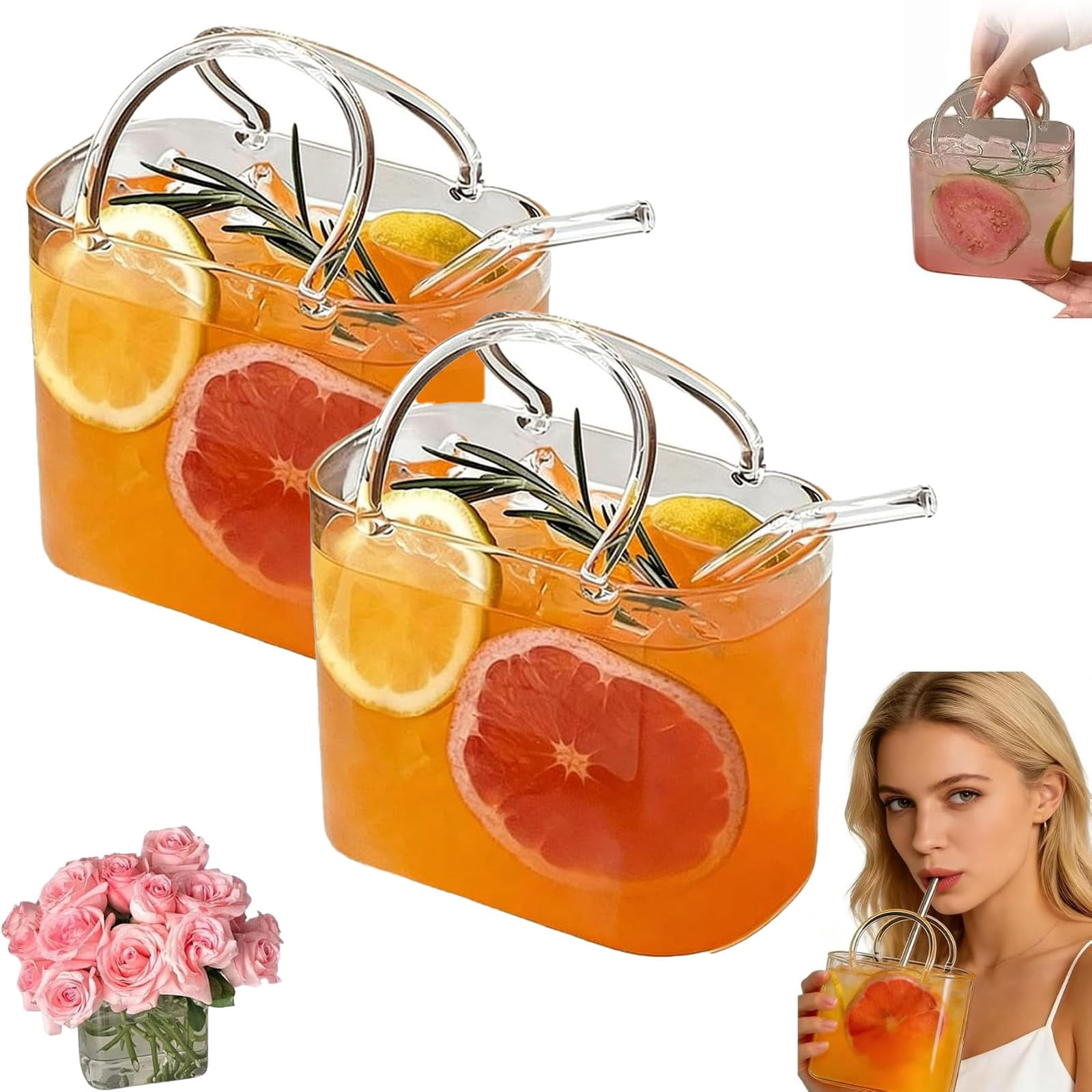 Glass Purse for Drinks with Straw, 24oz Purse Drinking Glass with Handle, Unique Wine Glasses for Party Bar Birthday Bachelorette Gift Fun Drinkware, Can Hold Juice, Whiskey