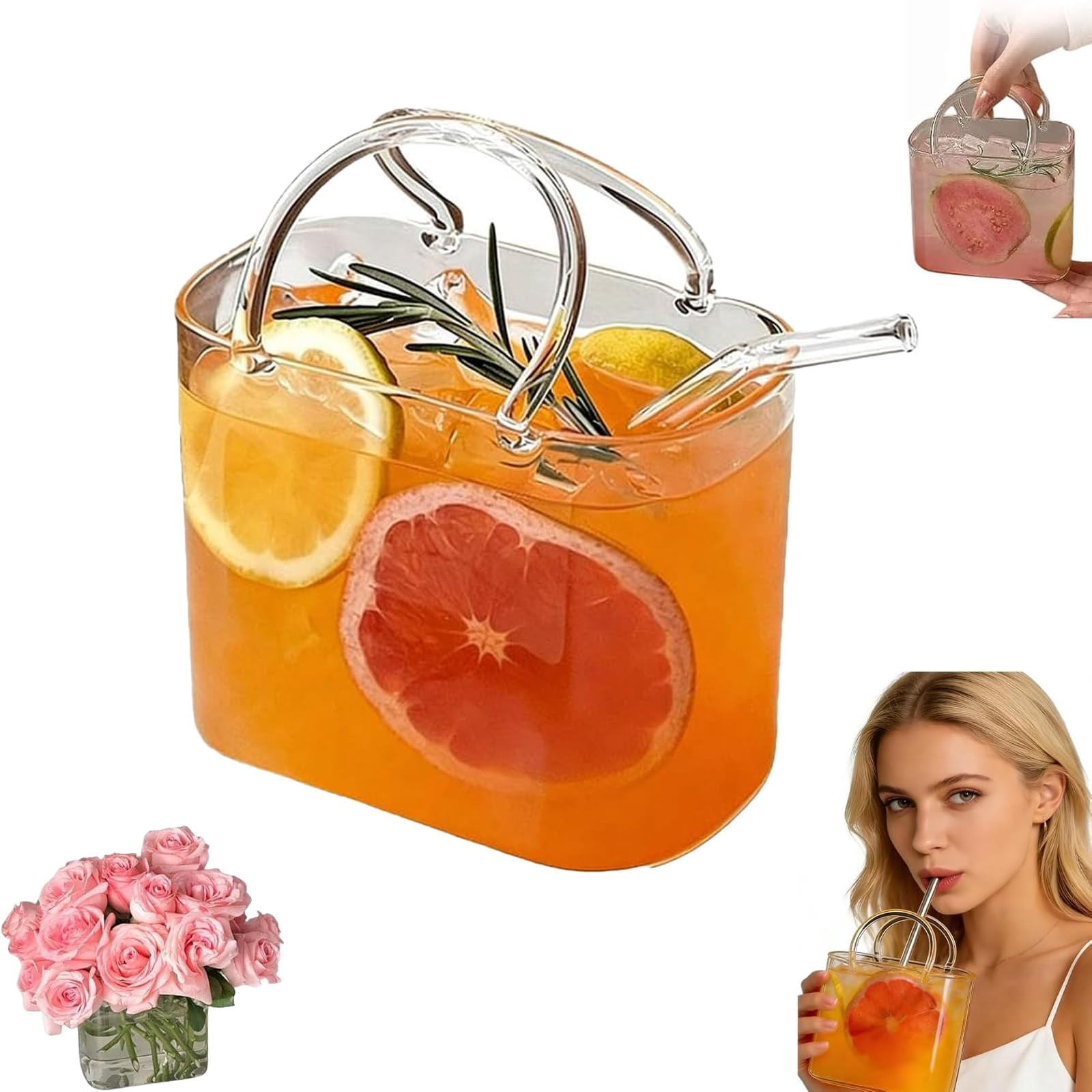 Glass Purse for Drinks with Straw, 24oz Purse Drinking Glass with Handle, Unique Wine Glasses for Party Bar Birthday Bachelorette Gift Fun Drinkware, Can Hold Juice, Whiskey