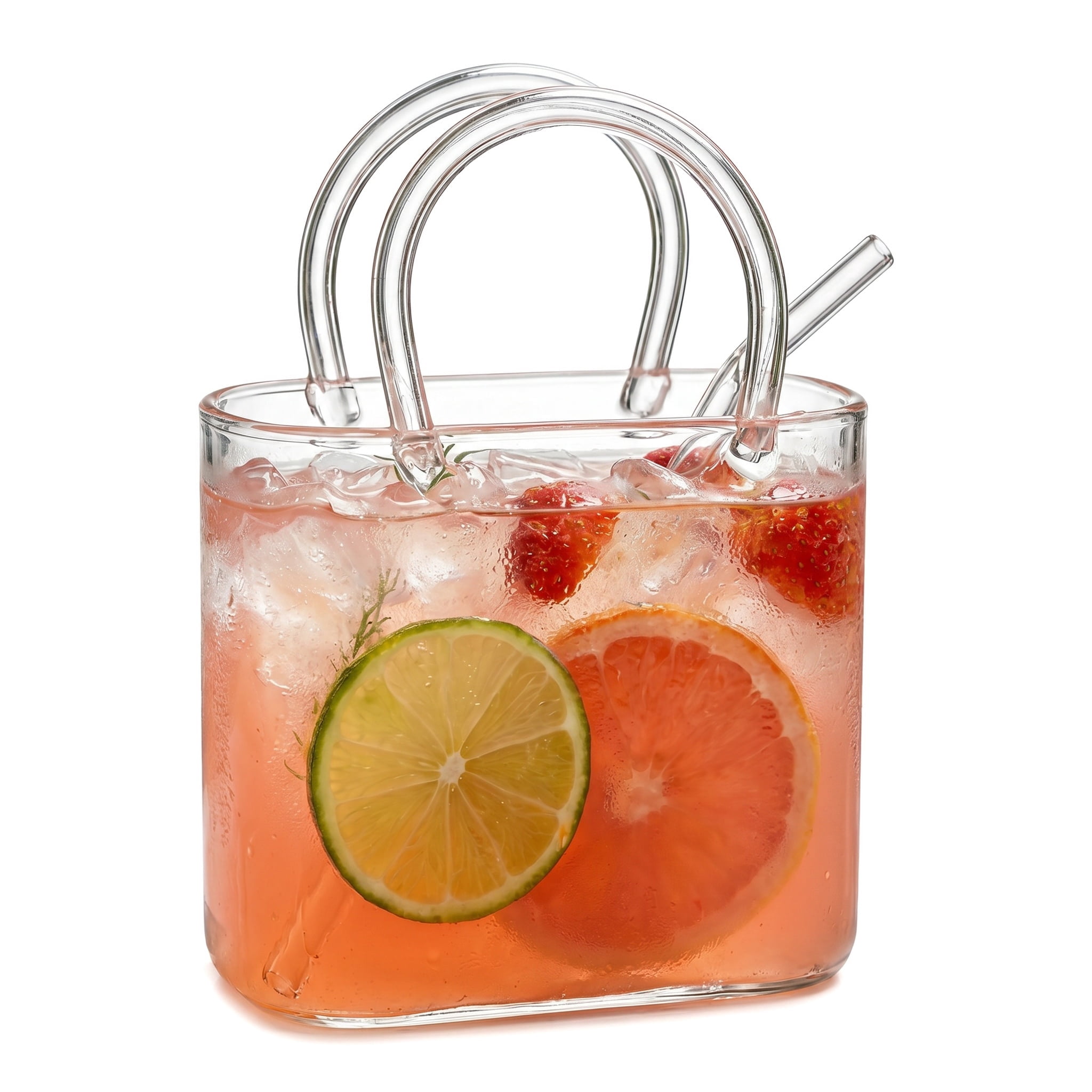 Aemutady Glass Purse for Drinks with Straw, 26oz Handbag Shaped Glass Cups Set for Cocktails, Iced Tea, Juice