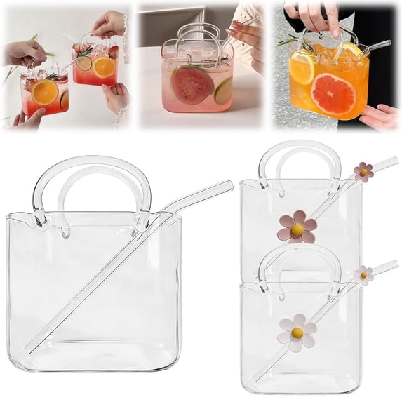 Glass Purse-Shaped Drinking Cup with Straw, Handbag Design Juice Tumbler for Cute Room Decor, Clear 19x14cm