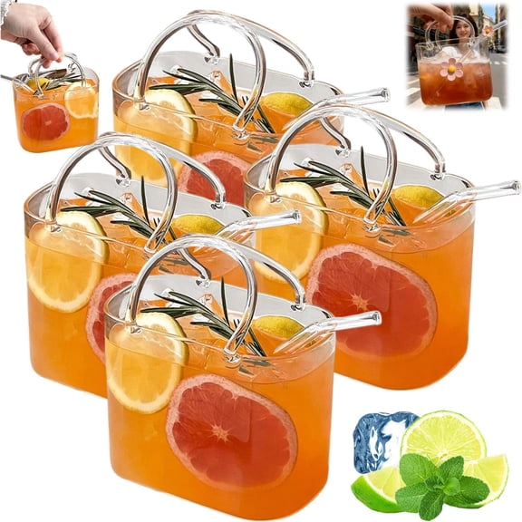 Glass Purse for Drinks, 26oz Handbag Shaped Glass Cup with Straw, Creative Purse Design Drinking Glass for Juice, Tea and Cocktails