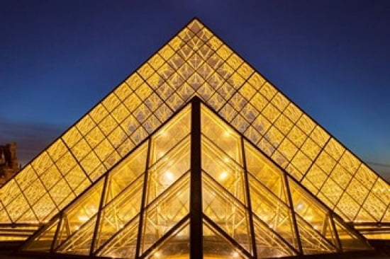 Glass Pyramids Outside Musee du Louvre Canvas Art - Brian Jannsen DanitaDelimont (36 x 24)