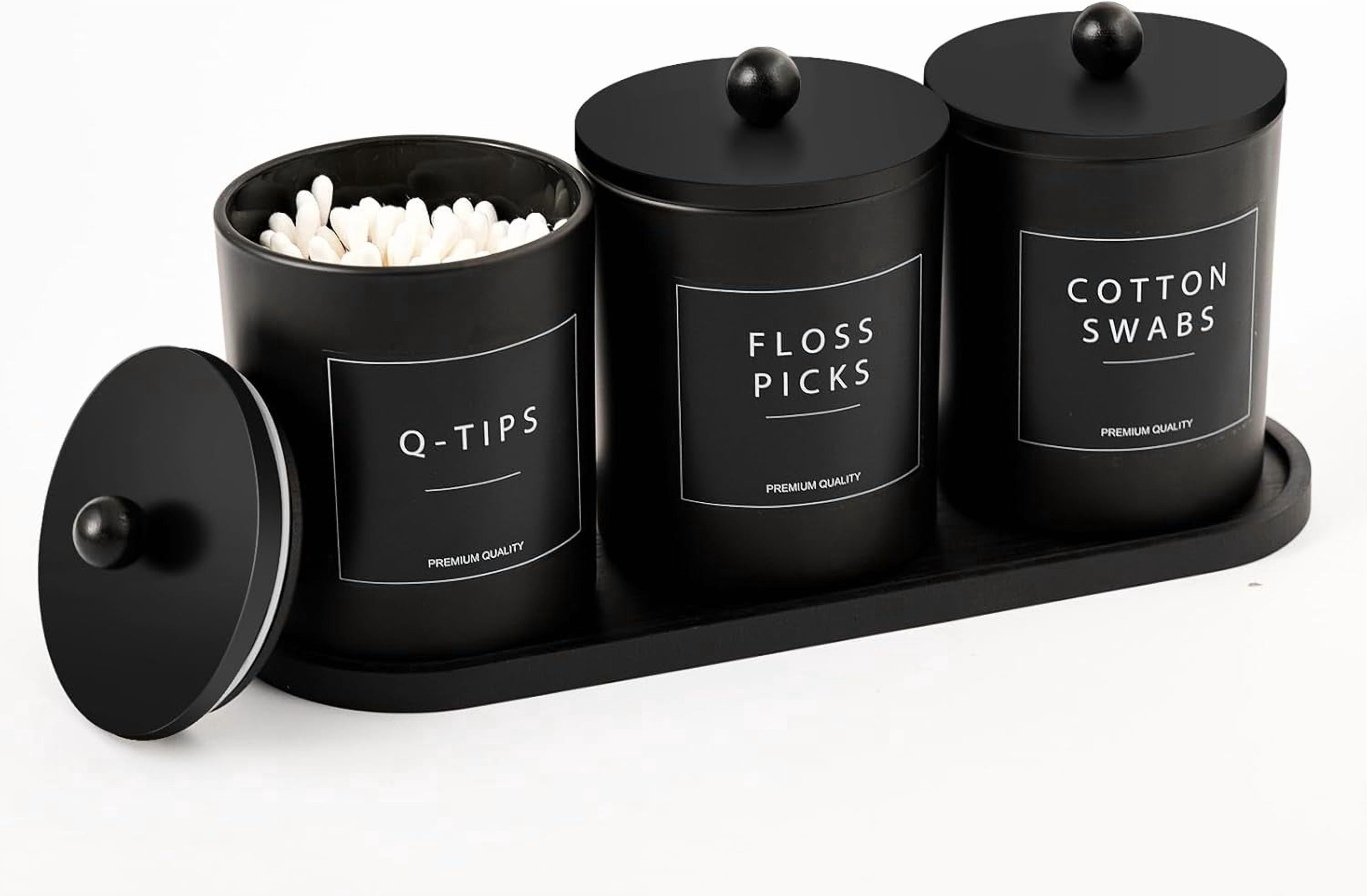 Glass Qtip Holder for Bathroom, Black Cotton Round Holder Swab Pad Dispenser with Lids, Floss Pick Holder with Bamboo Tray, Apothecary Jars with Scoop, Set of 3