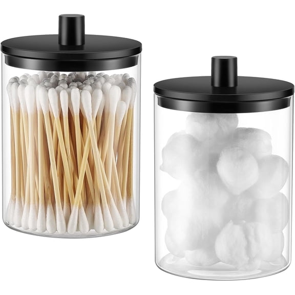 Glass Qtip Holder Dispenser - 10 oz Clear Canister Apothecary Jar, Bathroom Vanity Storage Organizer Set for Cotton Swabs, Pads, Floss Picks, Small Containers for Makeup Storage (2 Pack, Black)